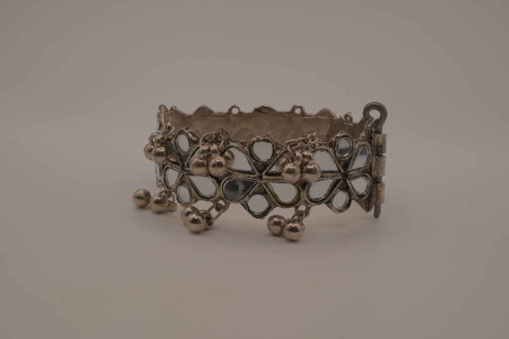 Silver Handcut Mirror and Ghungroo Studded Oxidised Cuff Bracelet