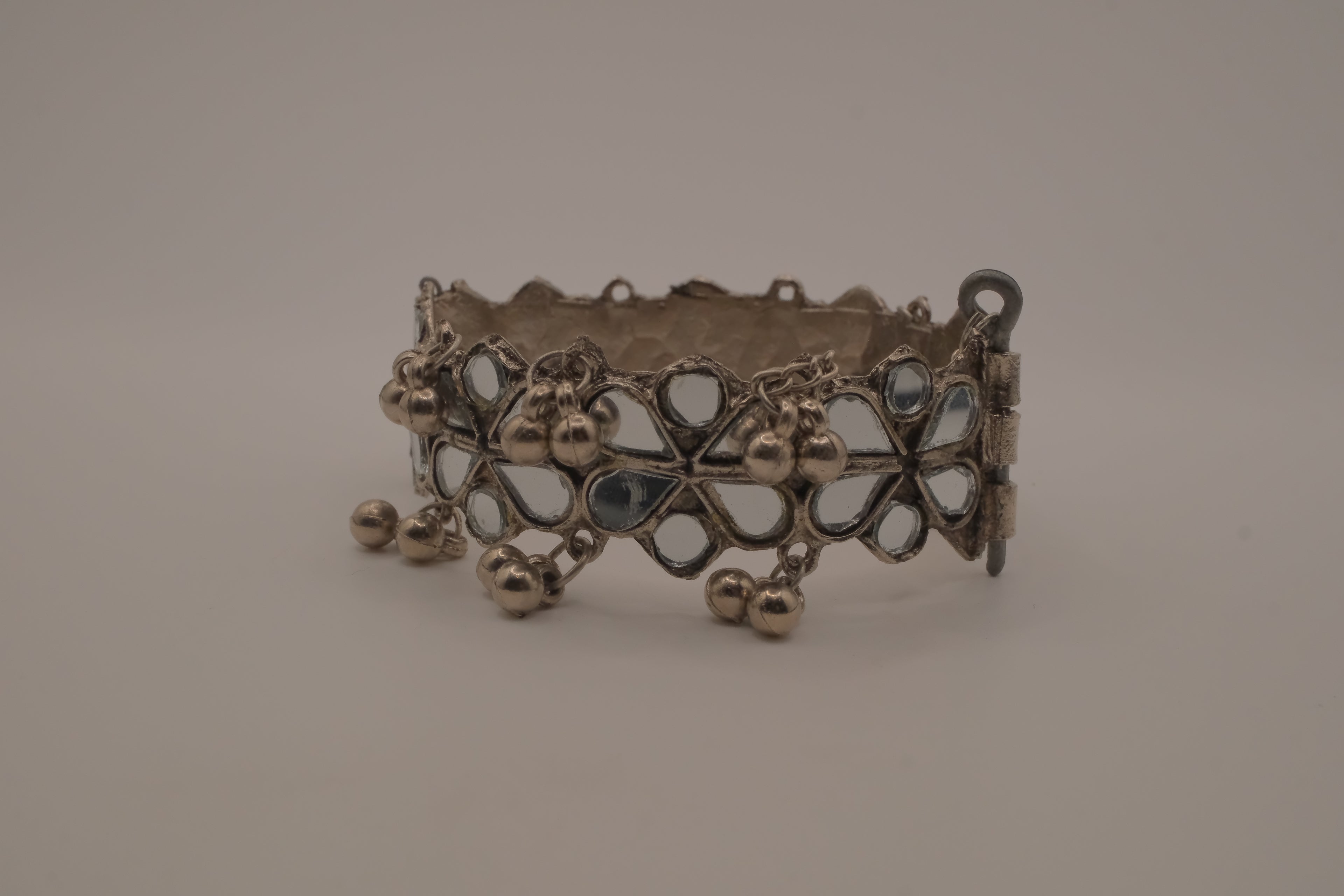 Silver Handcut Mirror and Ghungroo Studded Oxidised Cuff Bracelet