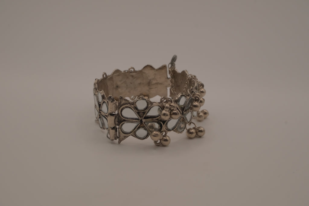 Silver Handcut Mirror and Ghungroo Studded Oxidised Cuff Bracelet