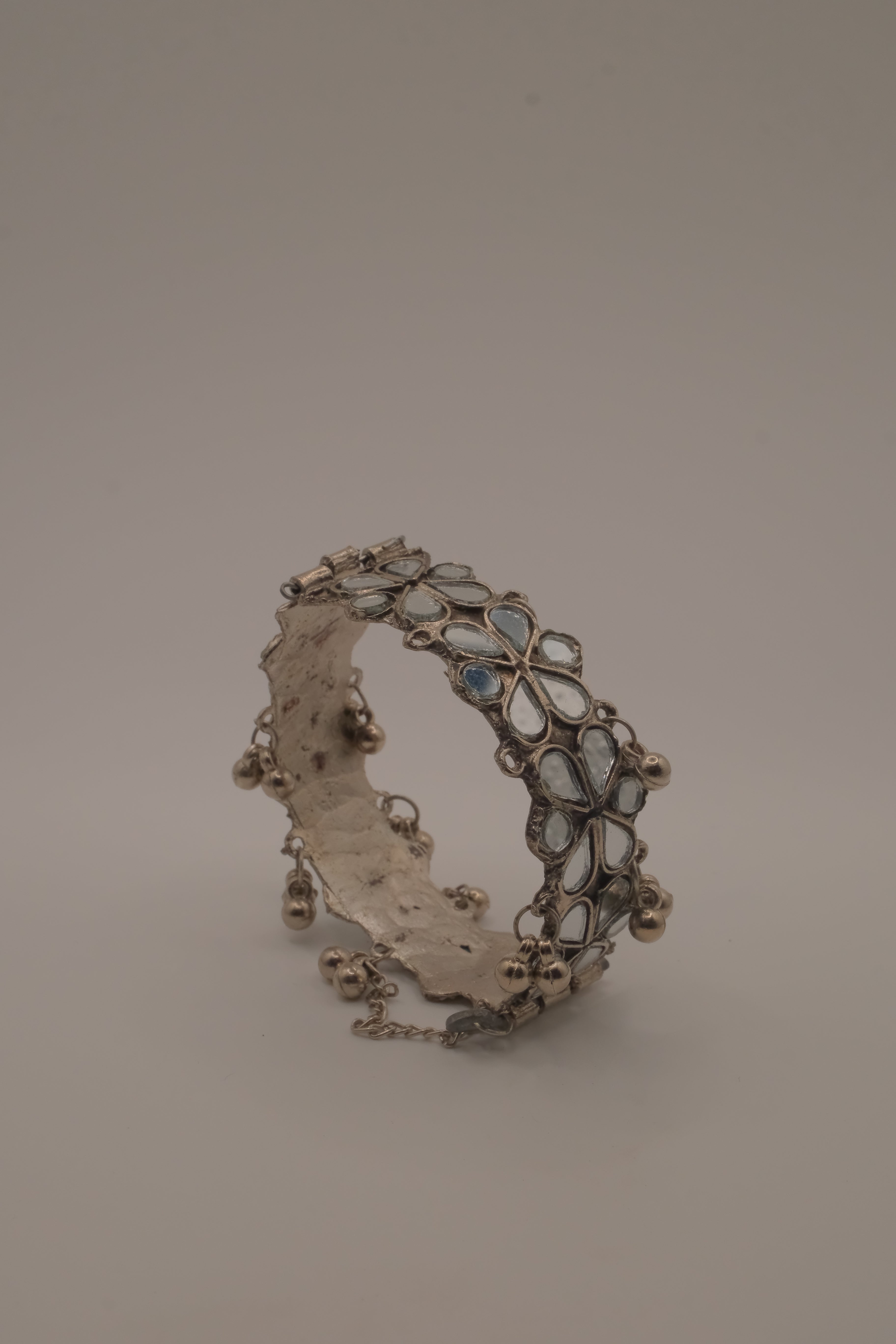 Silver Handcut Mirror and Ghungroo Studded Oxidised Cuff Bracelet