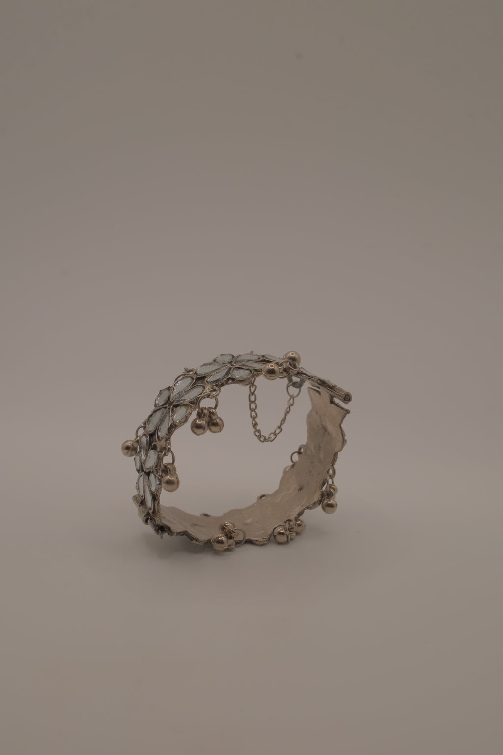 Silver Handcut Mirror and Ghungroo Studded Oxidised Cuff Bracelet