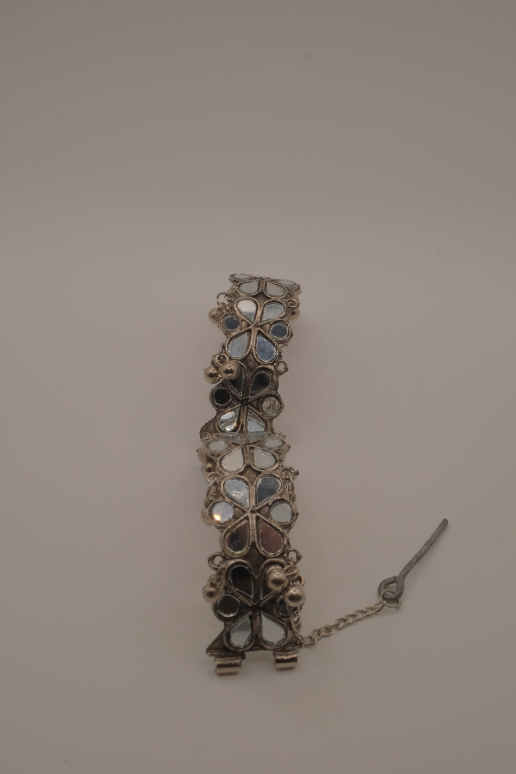 Silver Handcut Mirror and Ghungroo Studded Oxidised Cuff Bracelet