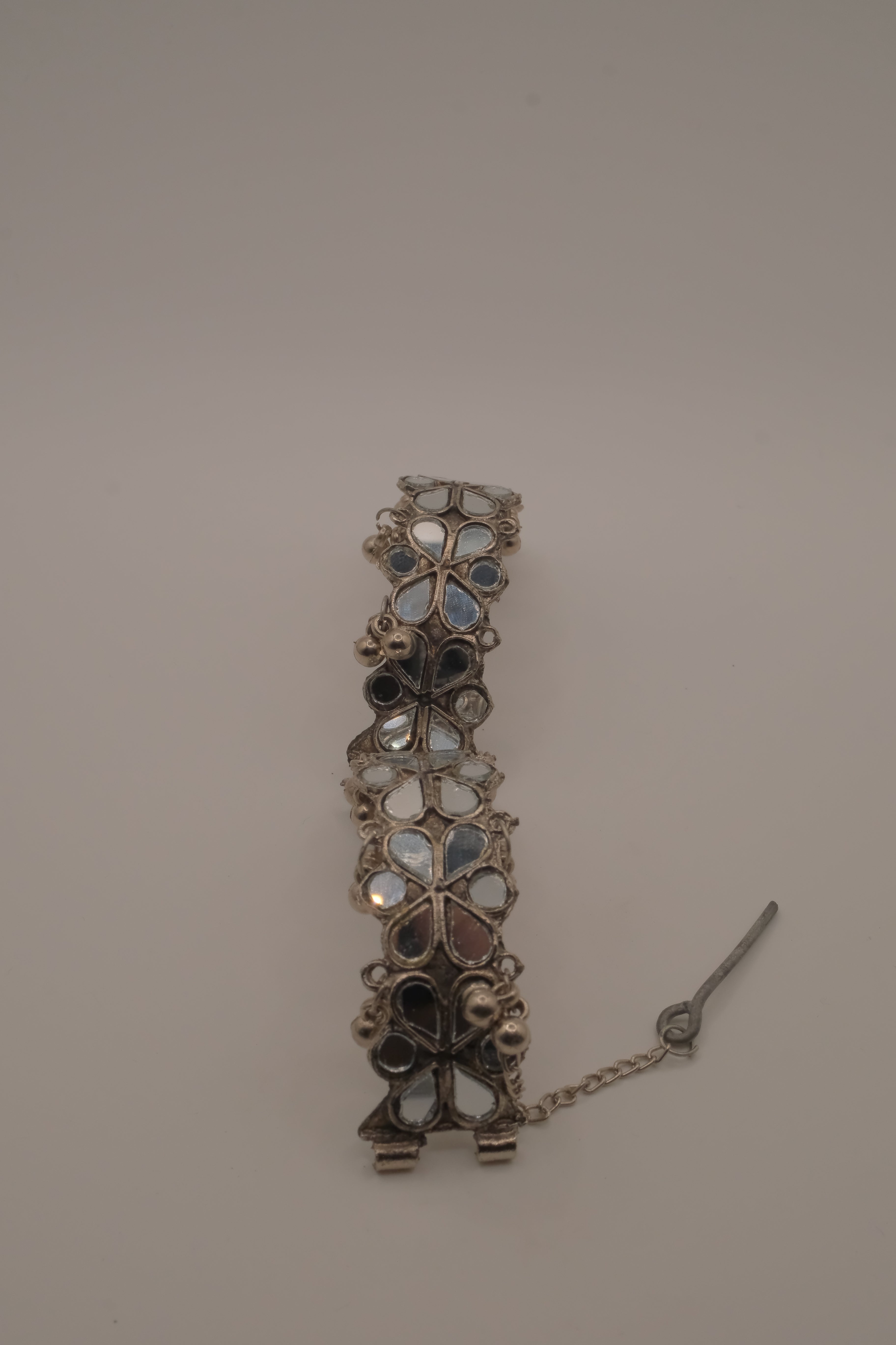 Silver Handcut Mirror and Ghungroo Studded Oxidised Cuff Bracelet