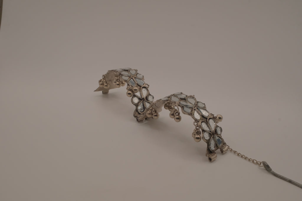 Silver Handcut Mirror and Ghungroo Studded Oxidised Cuff Bracelet