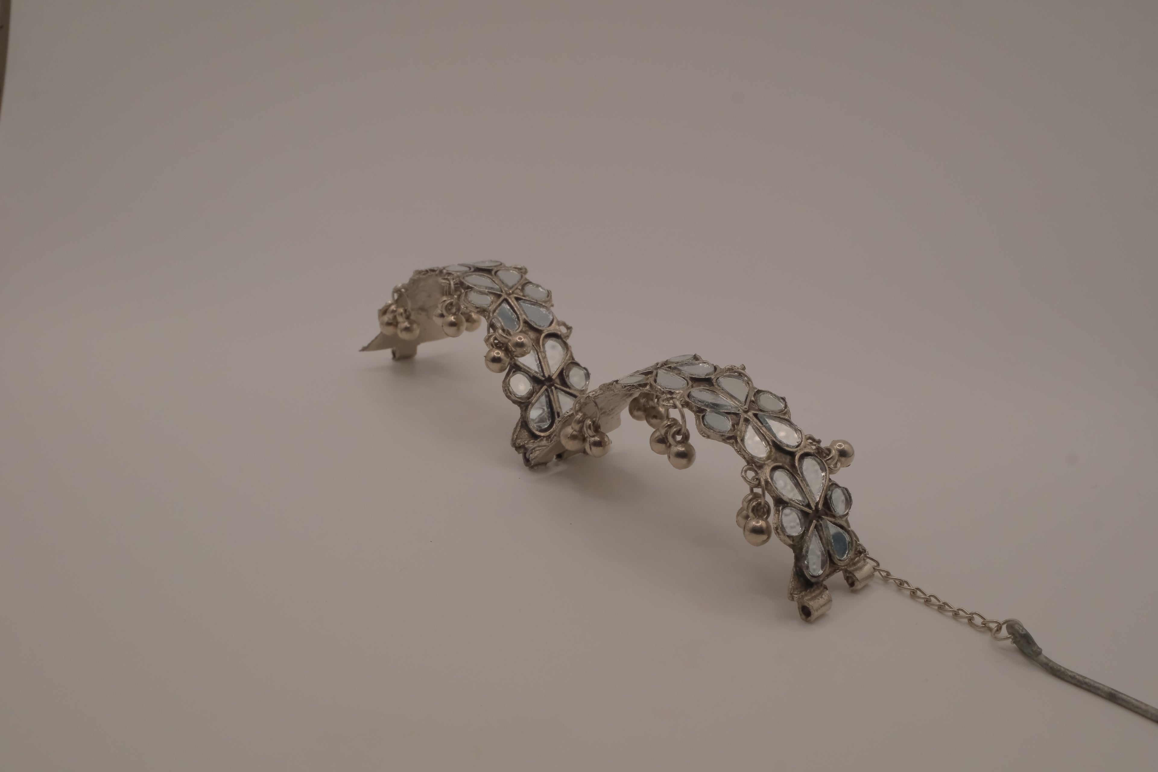 Silver Handcut Mirror and Ghungroo Studded Oxidised Cuff Bracelet