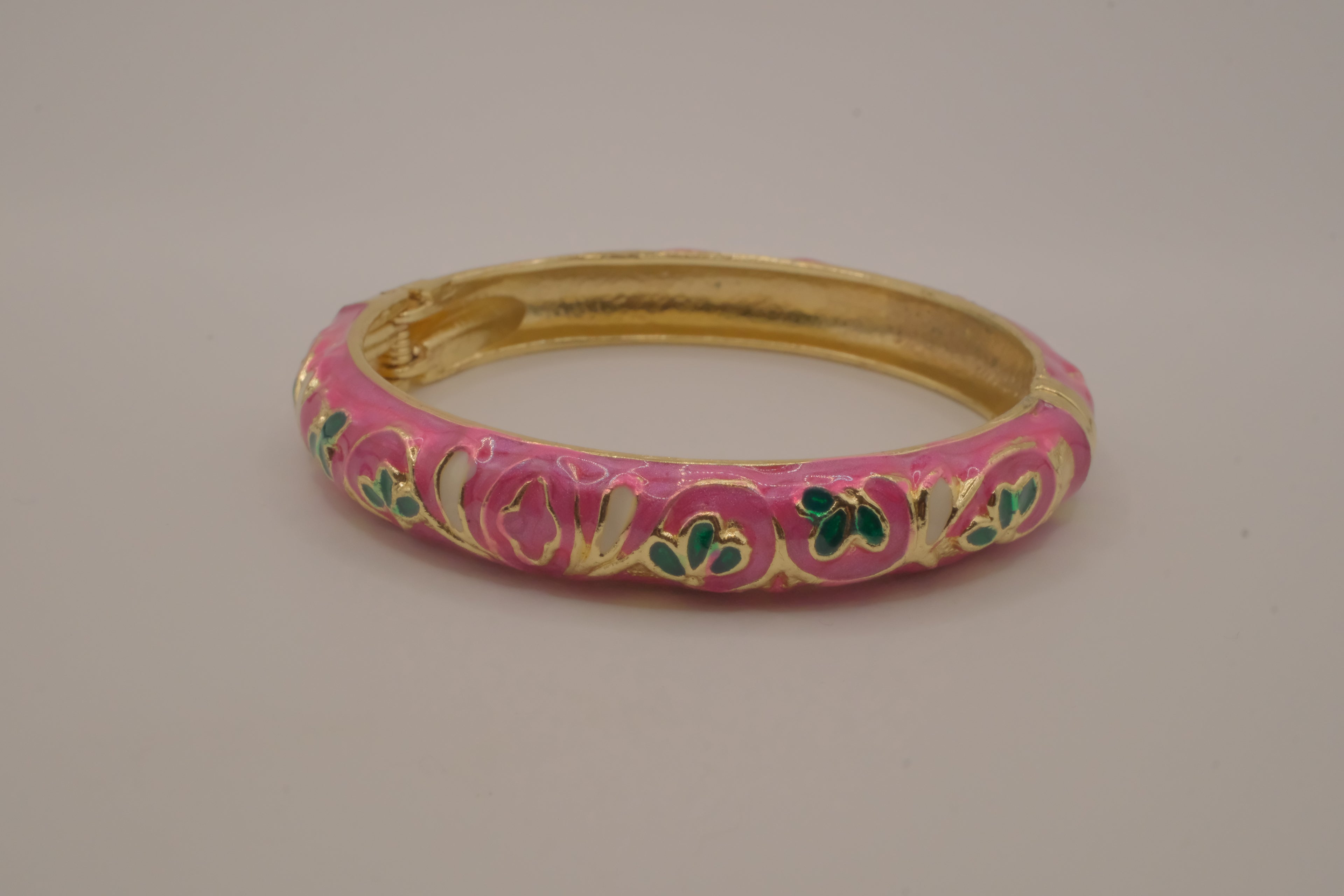 Pink enamel floral hinged bangle bracelet