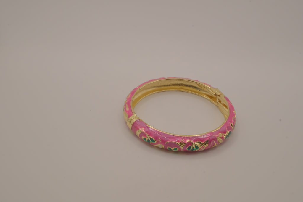 Pink enamel floral hinged bangle bracelet