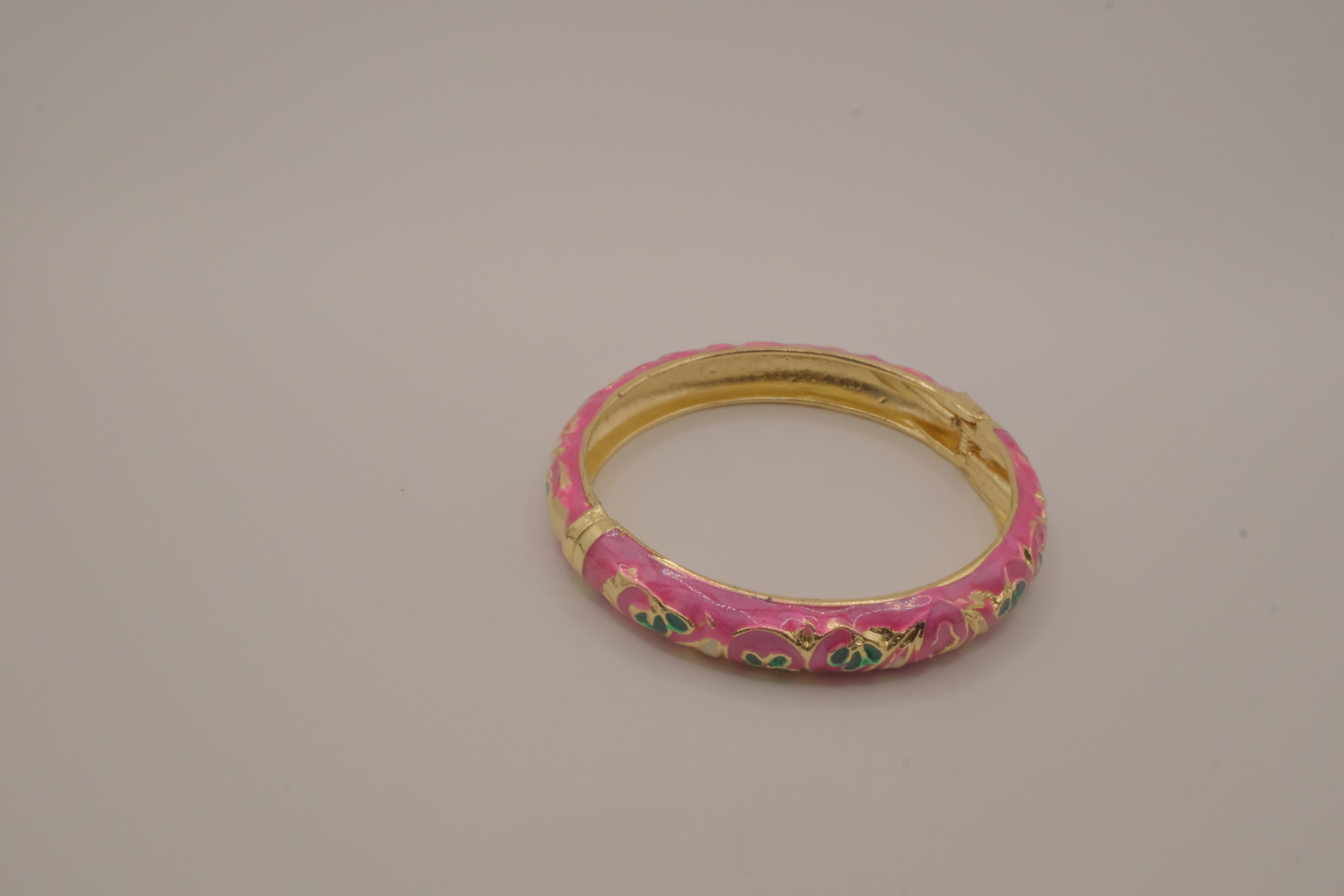 Pink enamel floral hinged bangle bracelet
