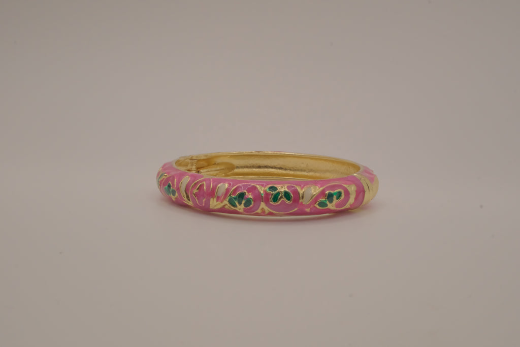 Pink enamel floral hinged bangle bracelet