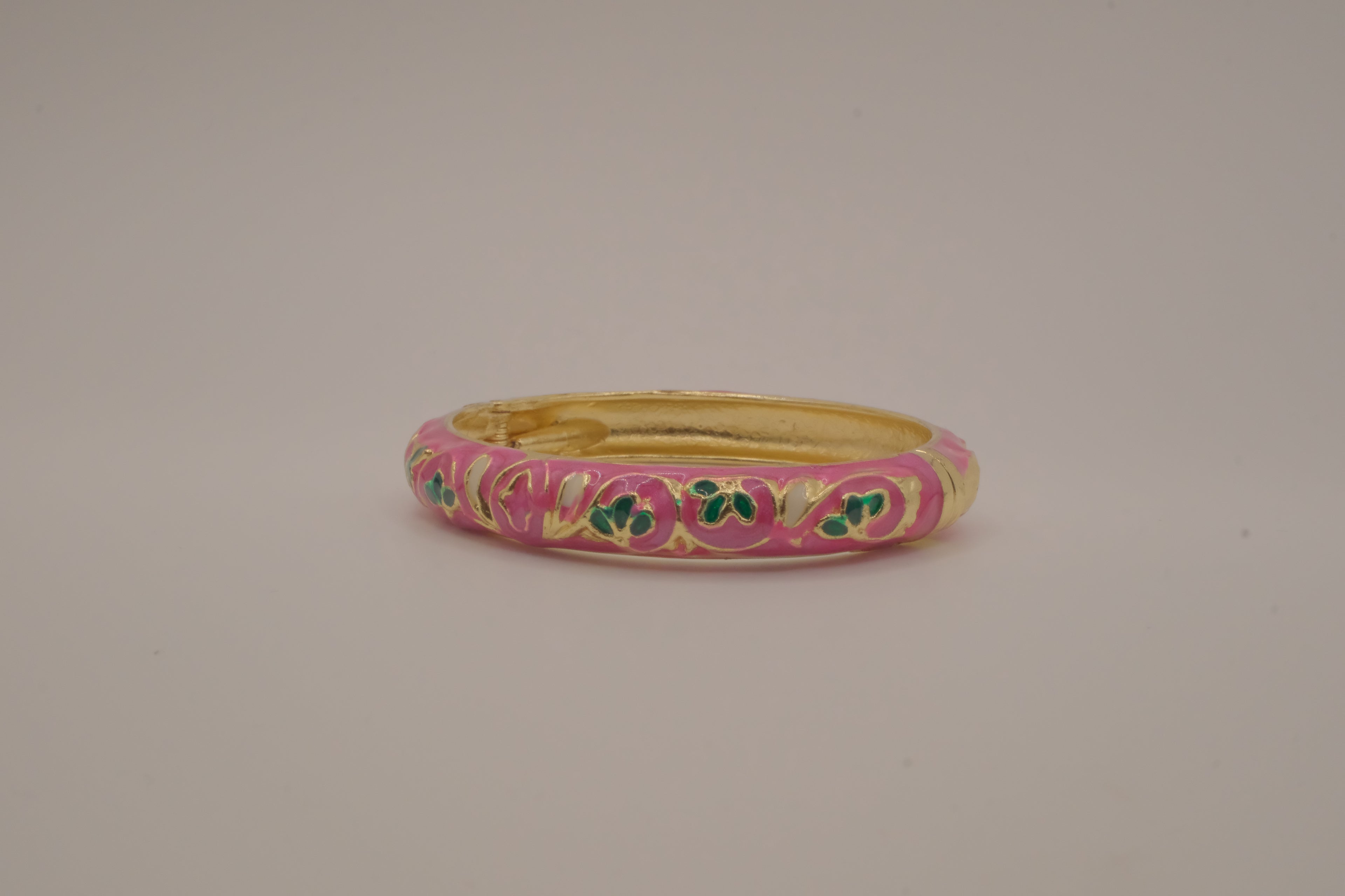 Pink enamel floral hinged bangle bracelet