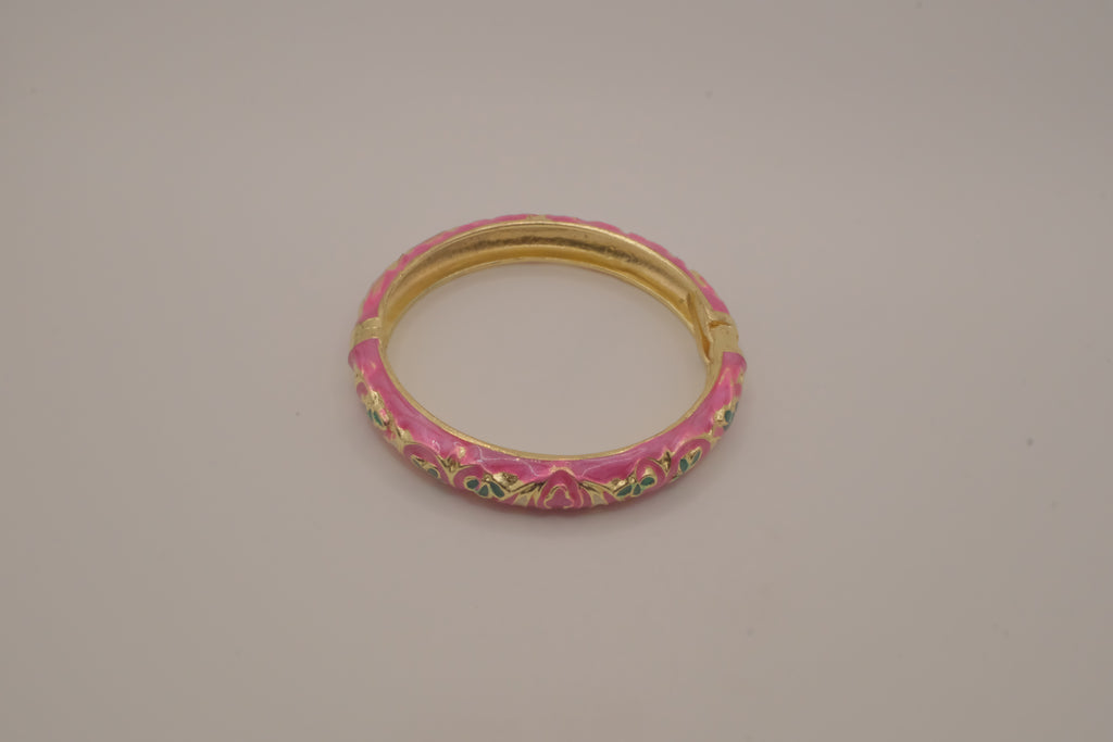 Pink enamel floral hinged bangle bracelet