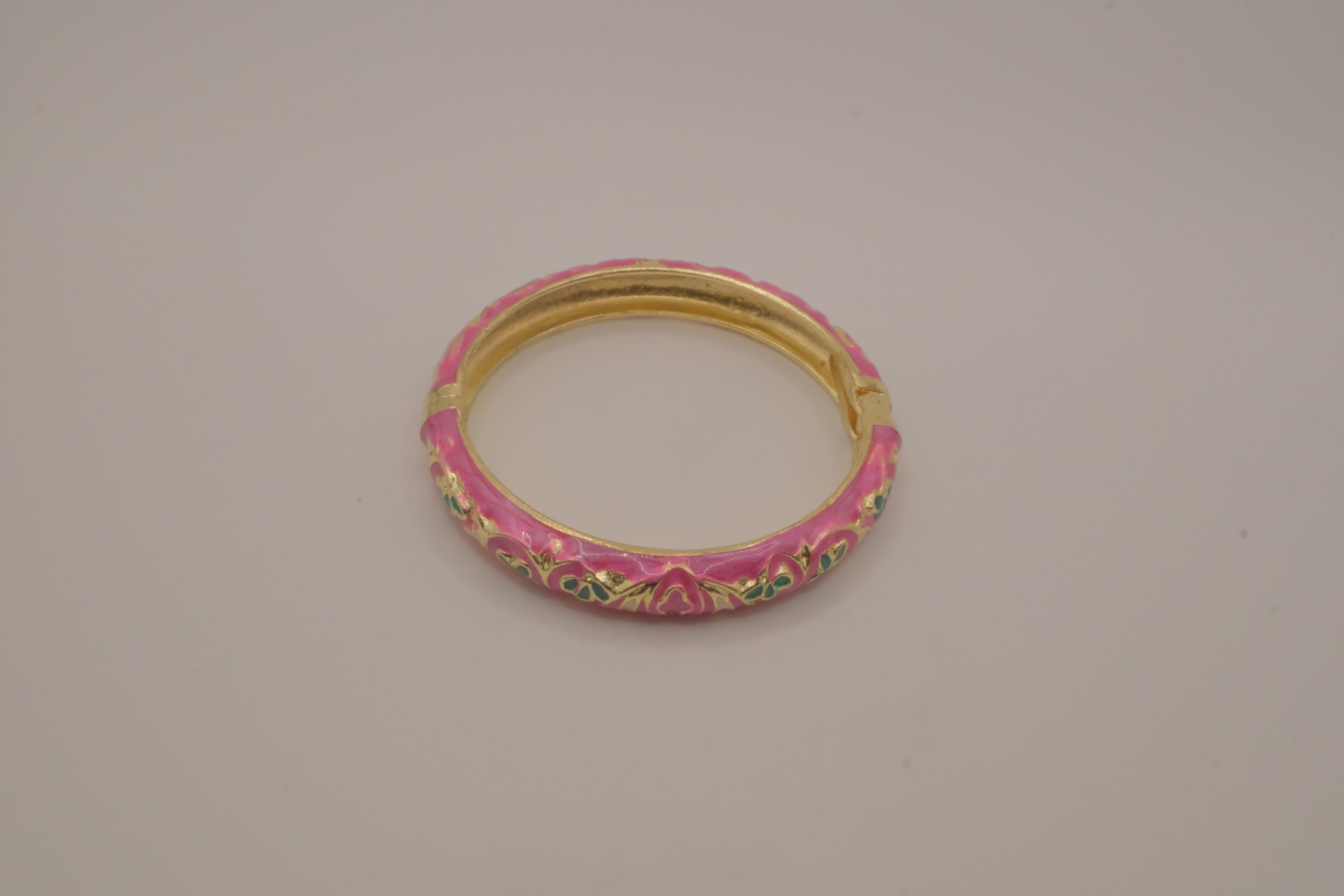Pink enamel floral hinged bangle bracelet