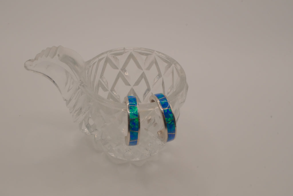 Sterling silver blue-green opal inlay hoop earrings