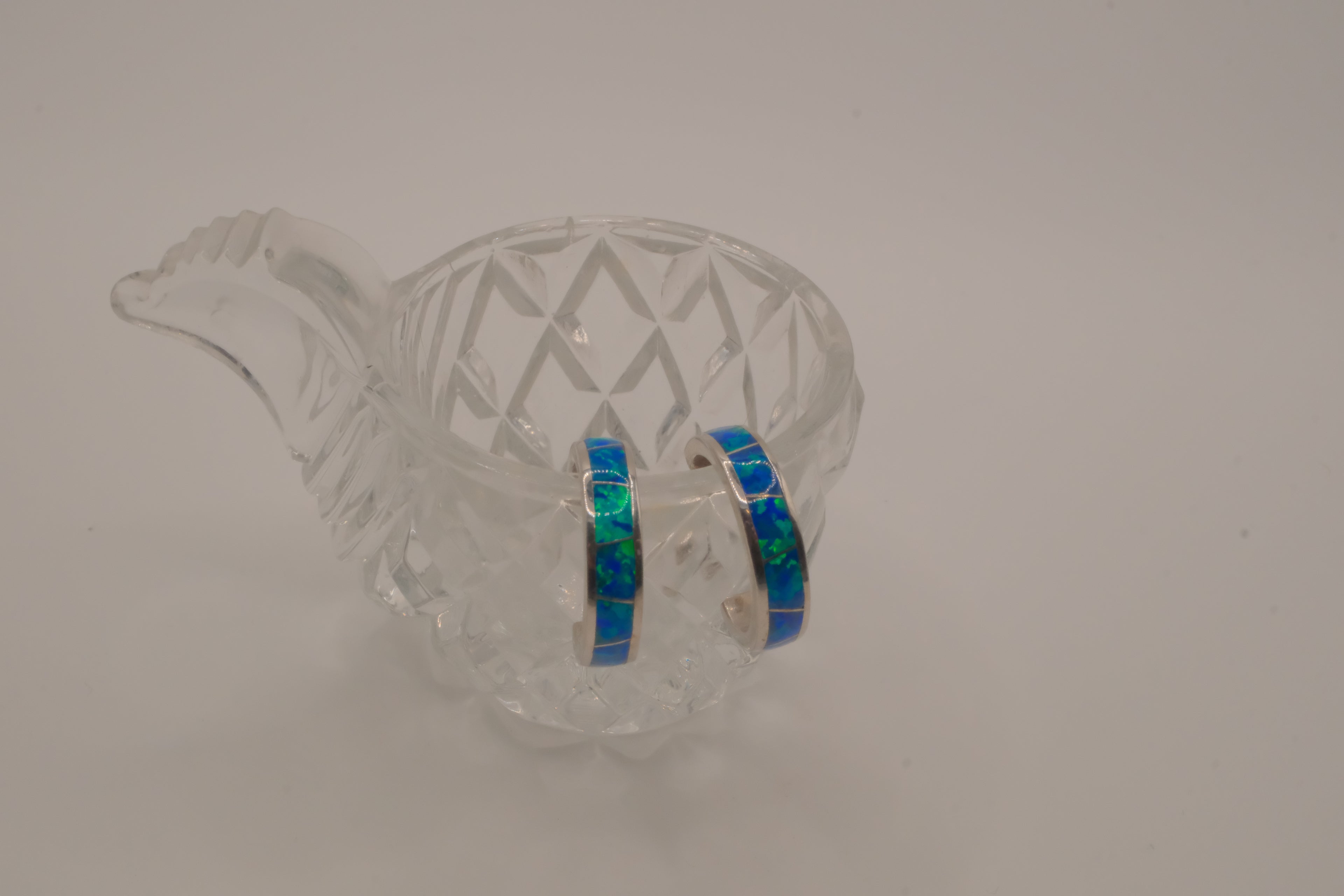 Sterling silver blue-green opal inlay hoop earrings