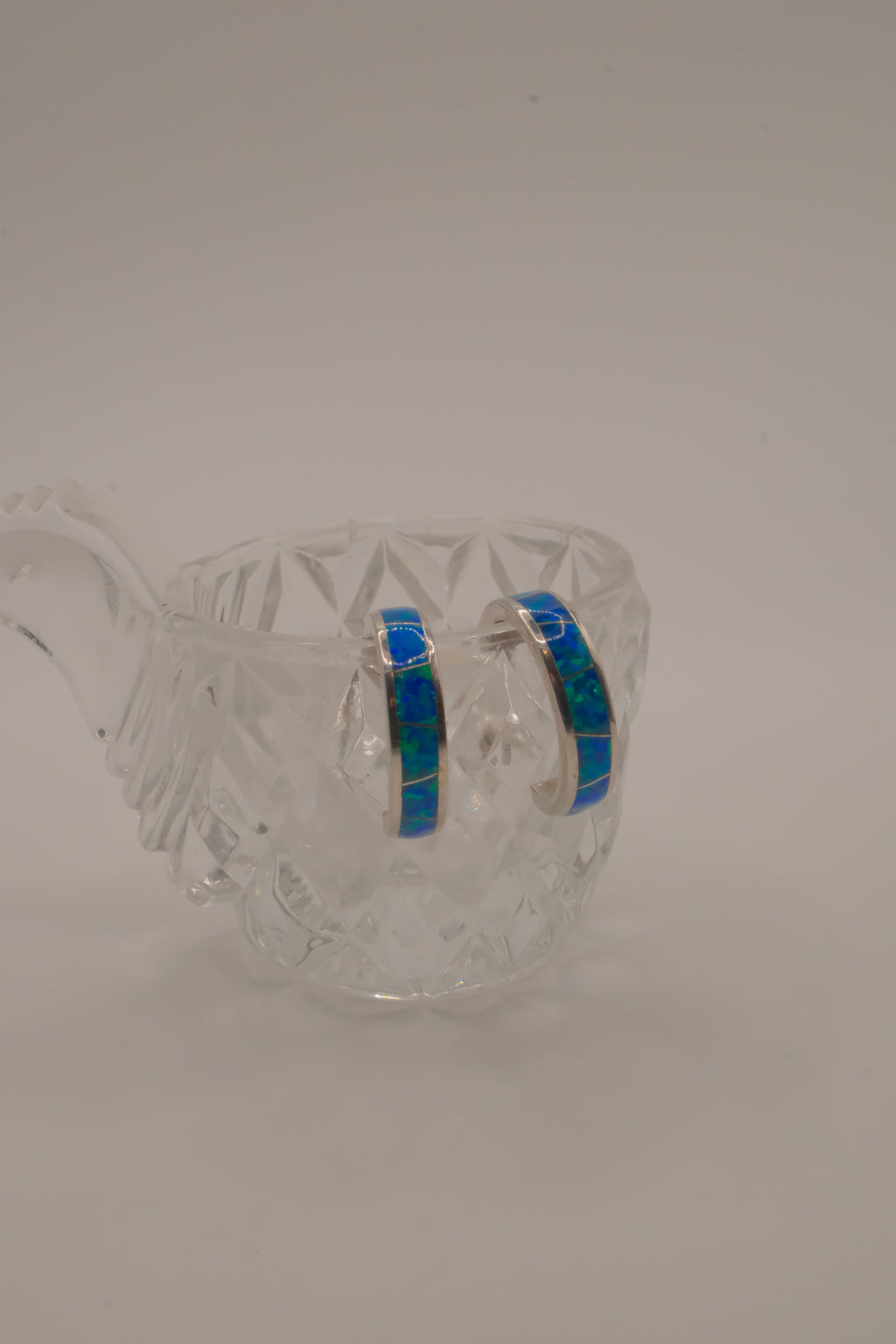 Sterling silver blue-green opal inlay hoop earrings
