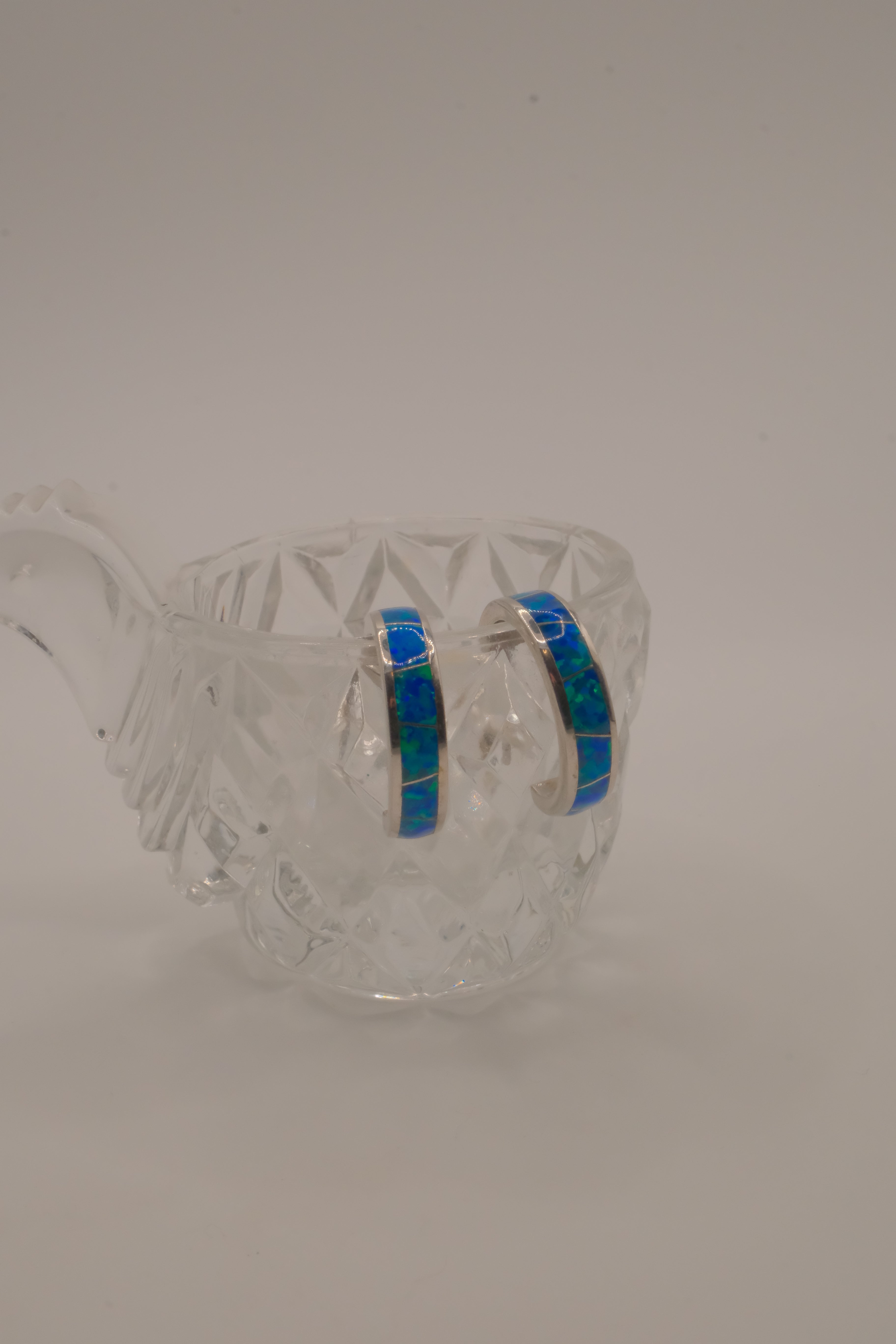 Sterling silver blue-green opal inlay hoop earrings