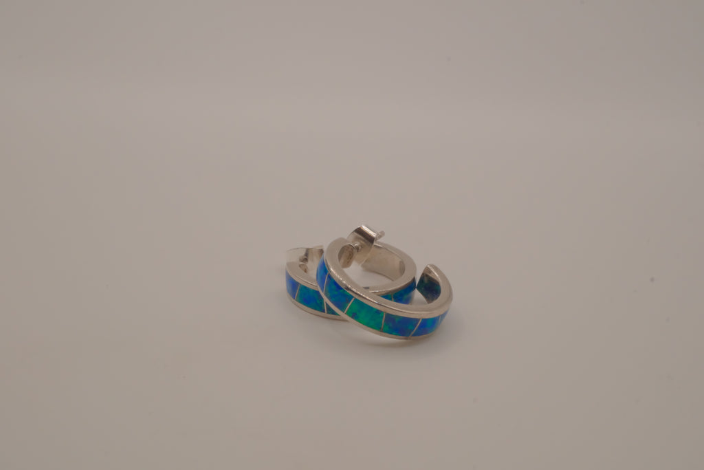 Sterling silver blue-green opal inlay hoop earrings