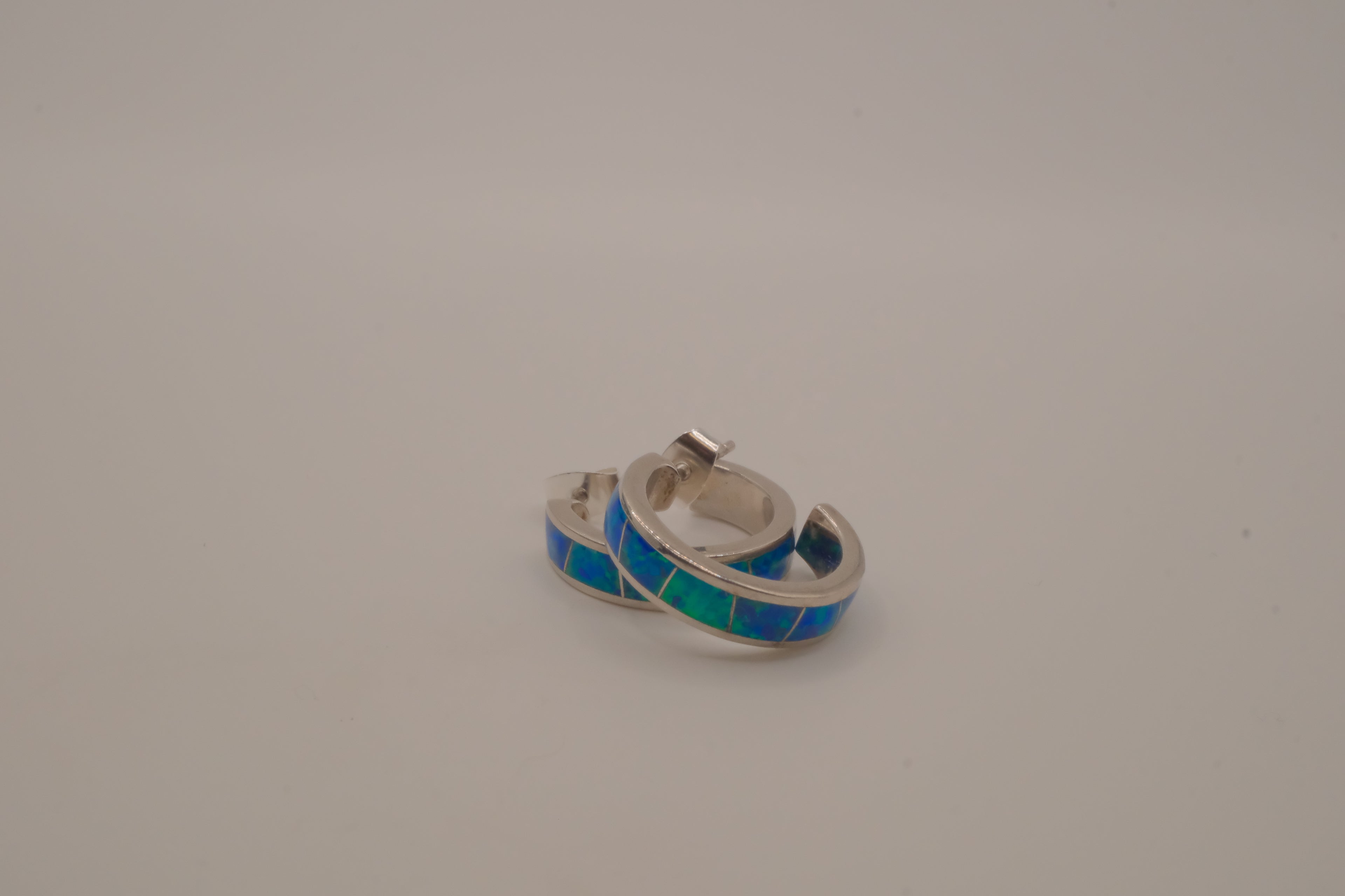 Sterling silver blue-green opal inlay hoop earrings