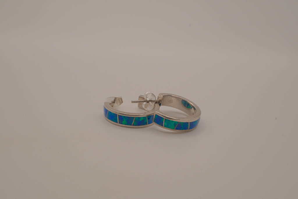 Sterling silver blue-green opal inlay hoop earrings