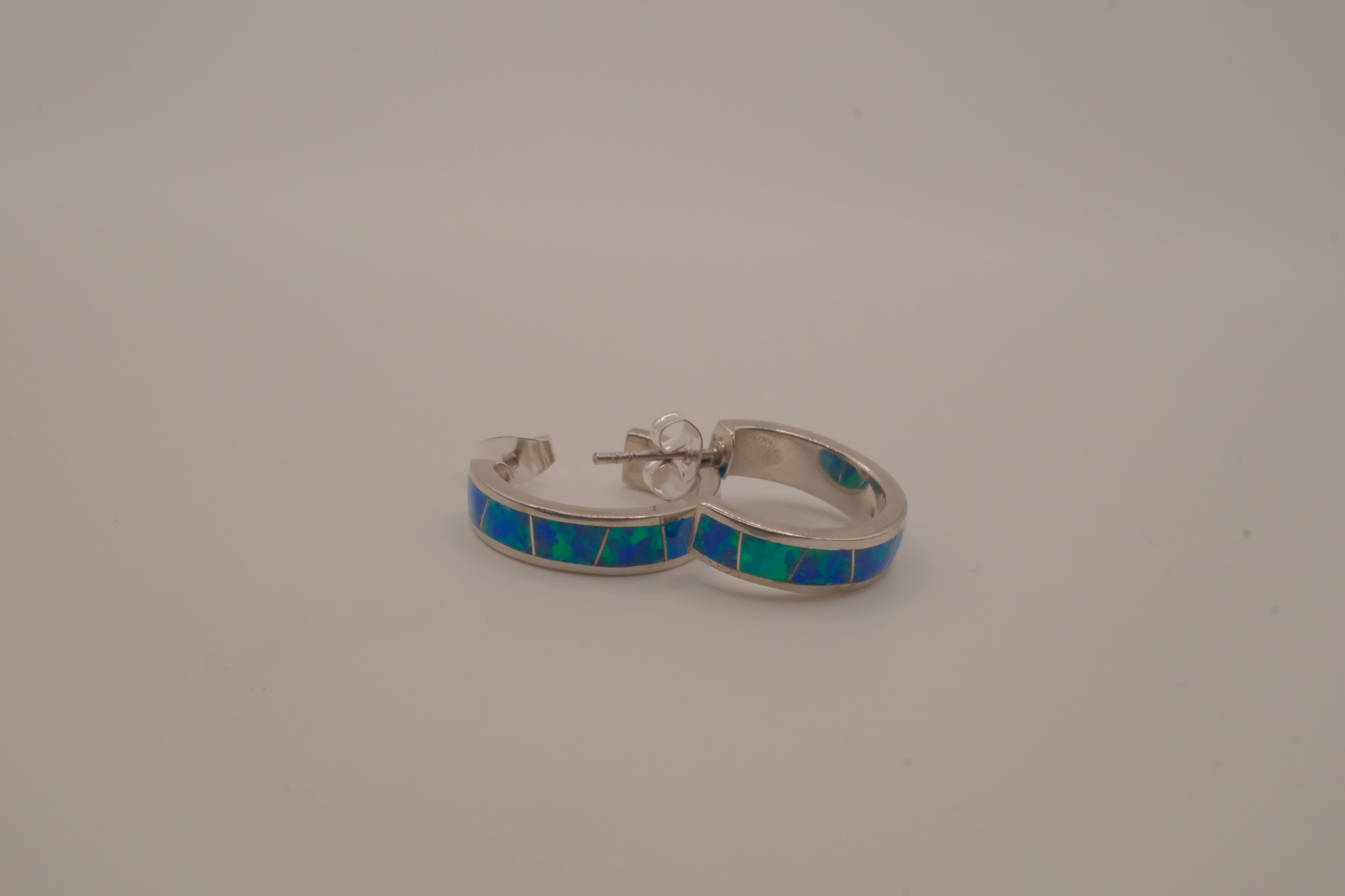 Sterling silver blue-green opal inlay hoop earrings