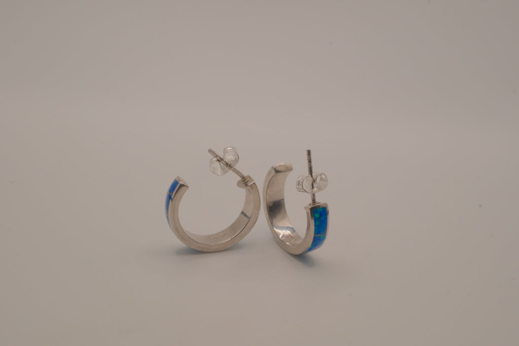 Sterling silver blue-green opal inlay hoop earrings