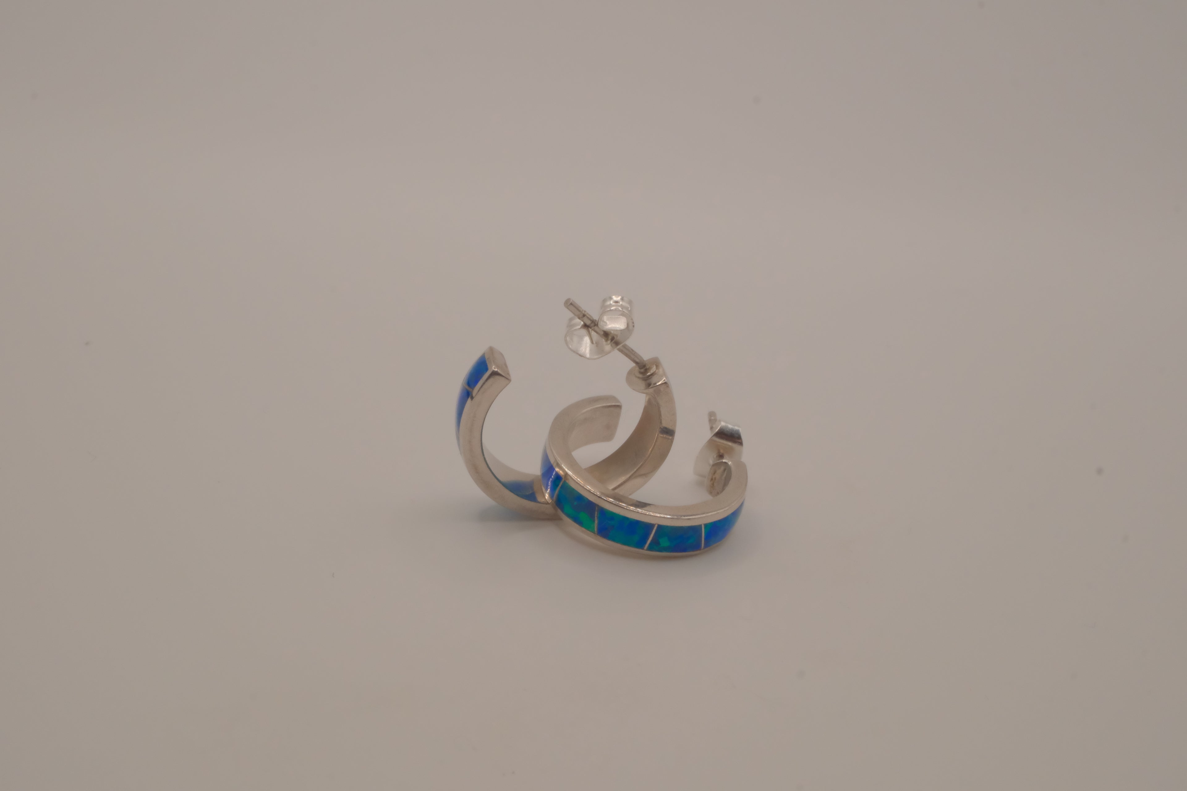Sterling silver blue-green opal inlay hoop earrings