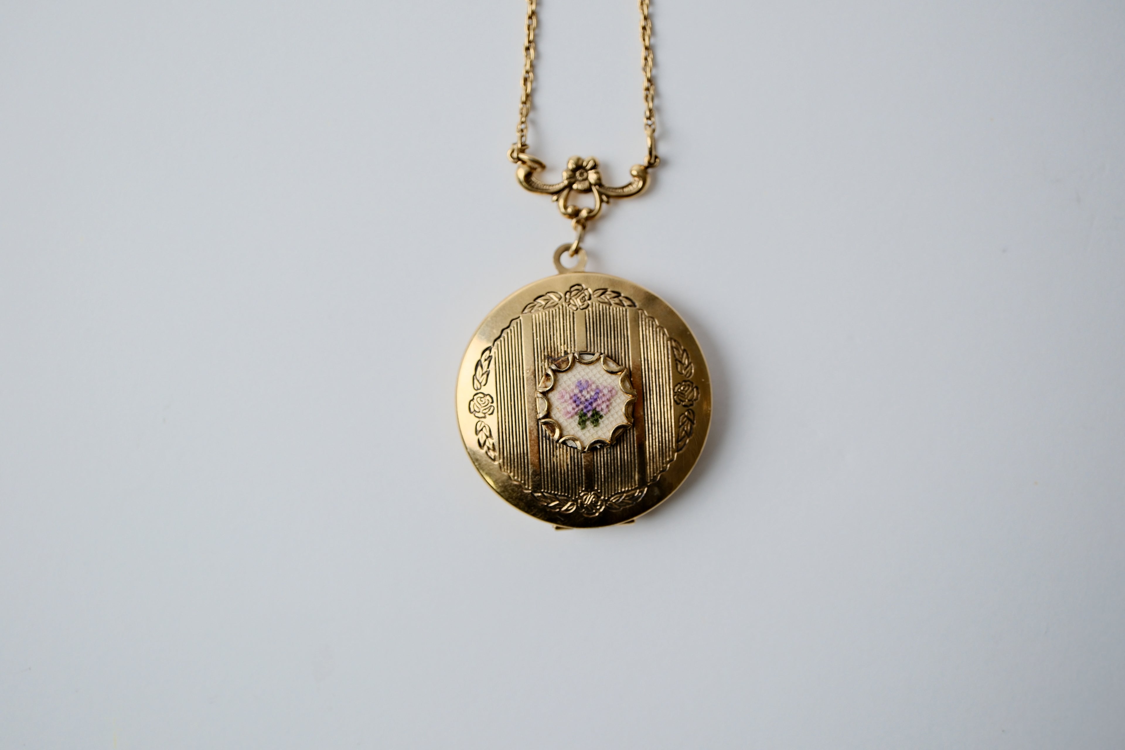 Vintage Gold Petit Point Flower Locket Necklace