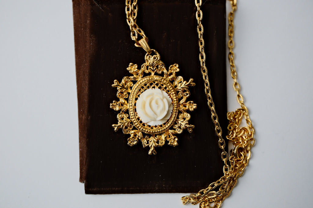 Vintage Ivory Carved Rose Gold Necklace