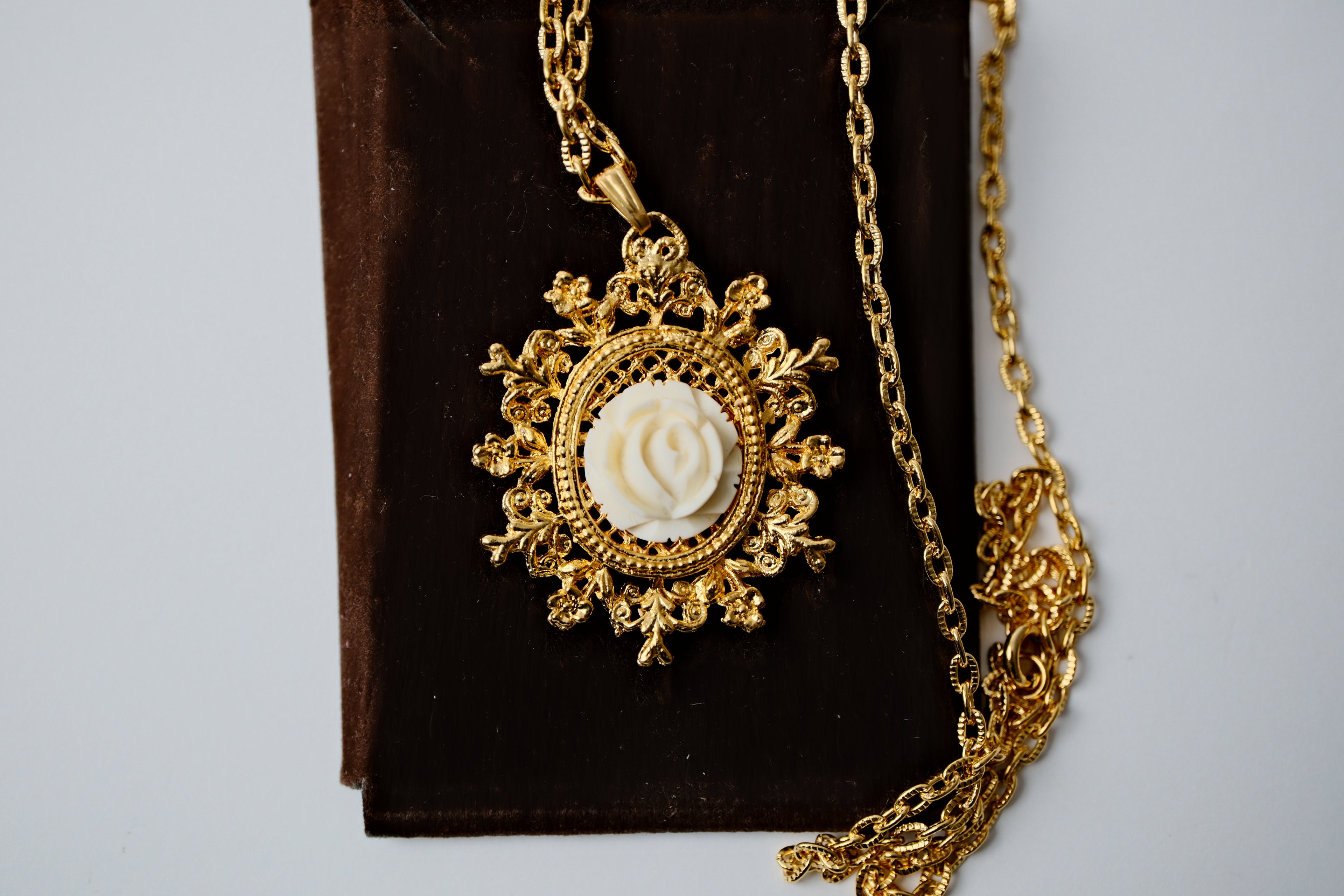 Vintage Ivory Carved Rose Gold Necklace