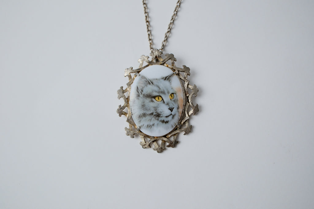 Vintage Porcelain Cat Portrait Necklace