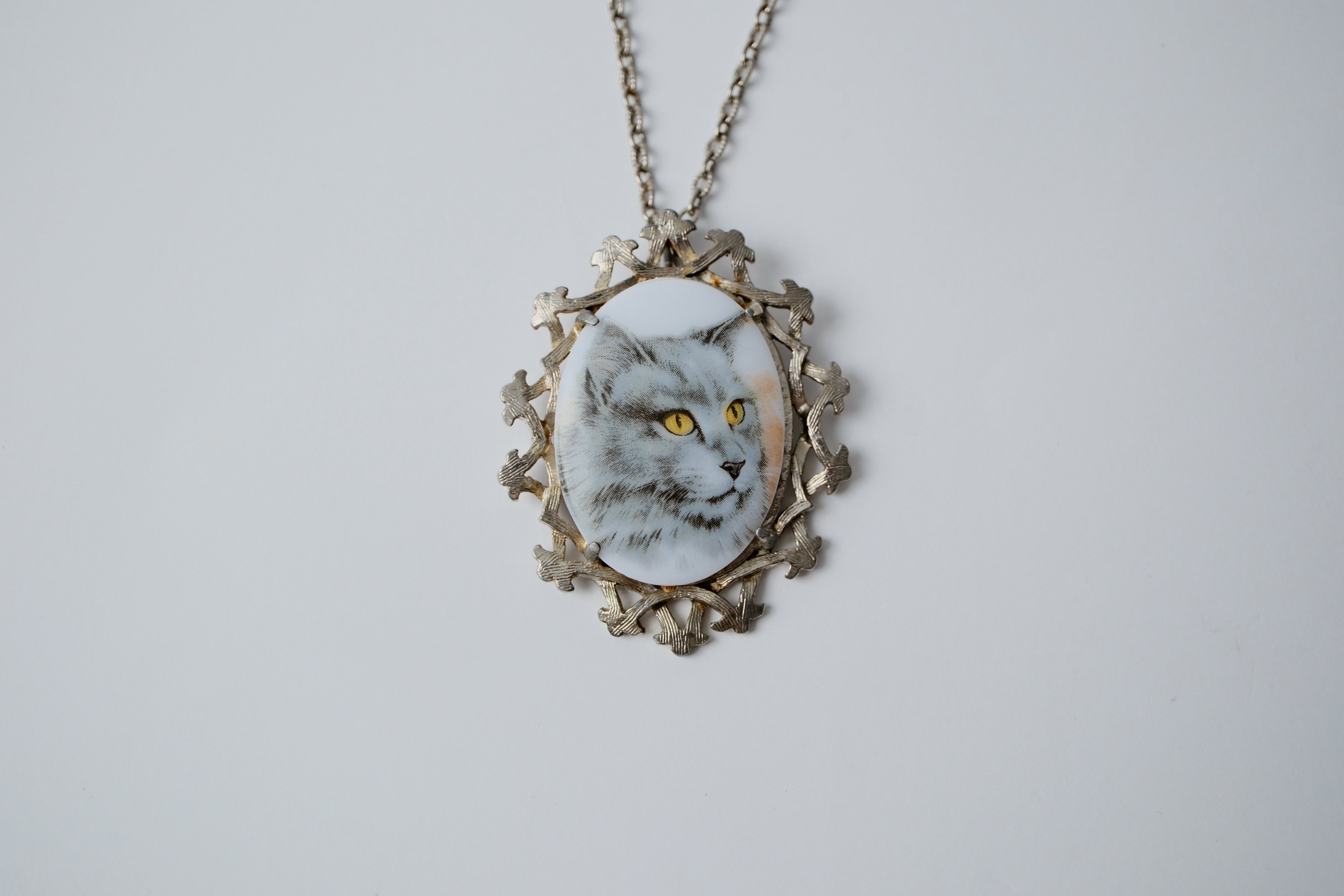 Vintage Porcelain Cat Portrait Necklace