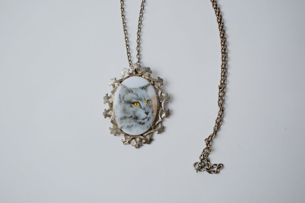 Vintage Porcelain Cat Portrait Necklace