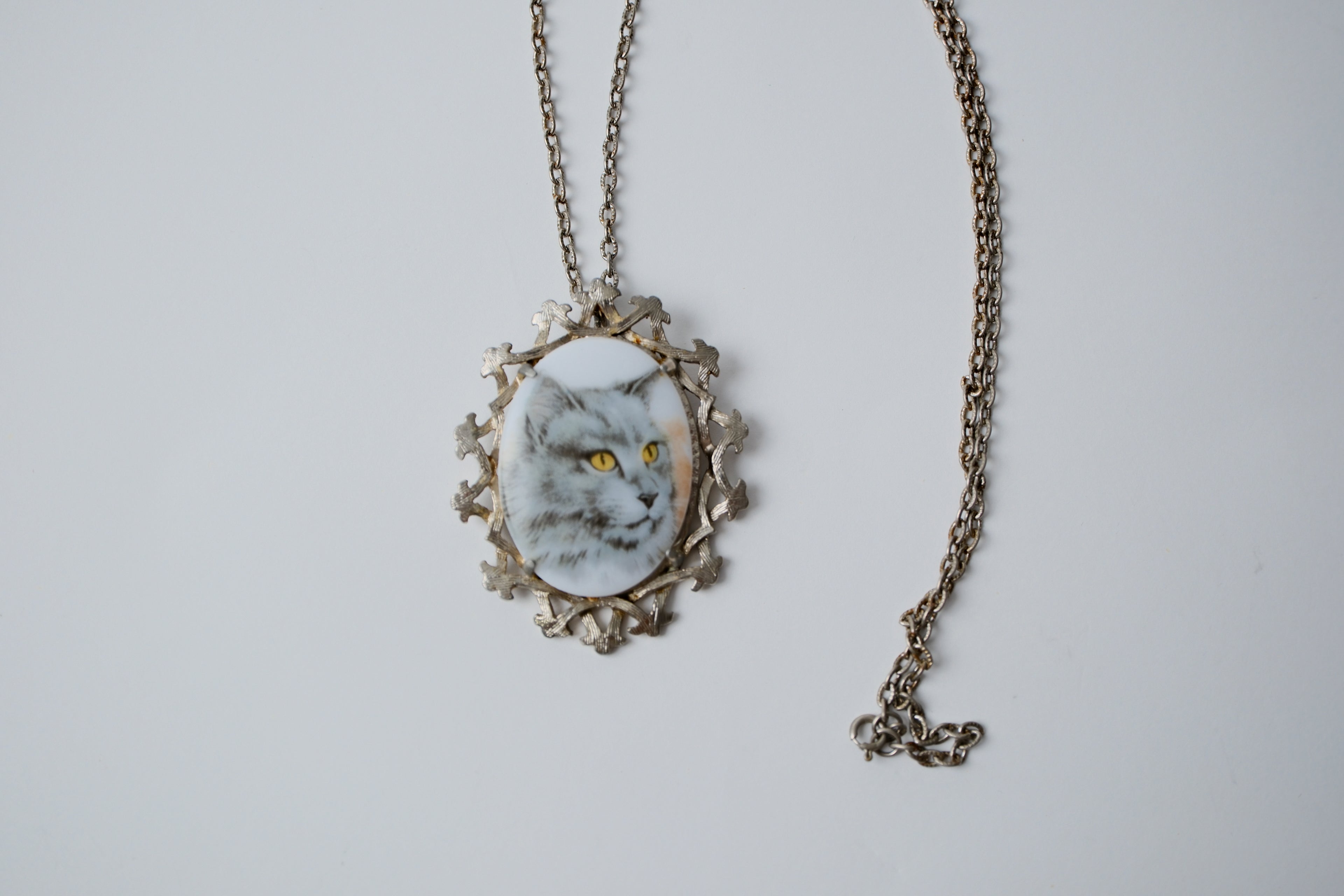 Vintage Porcelain Cat Portrait Necklace
