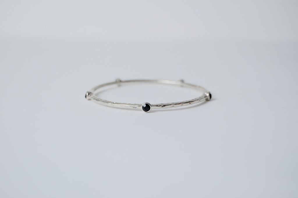 Silver Black Enamel Stone Bangle