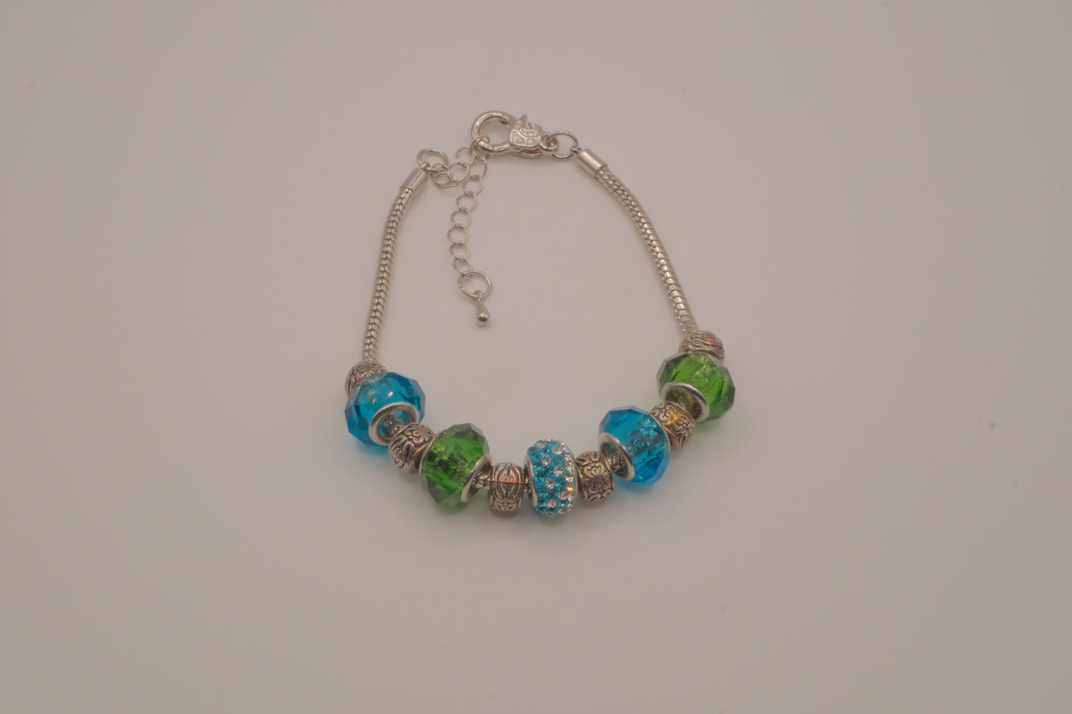 Pandora style Green and Blue charm bracelet