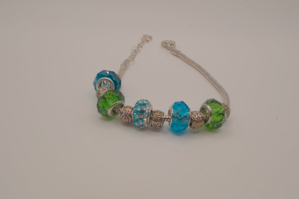 Pandora style Green and Blue charm bracelet