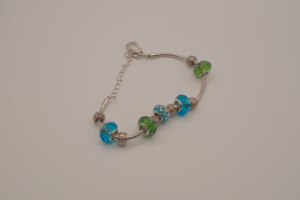 Pandora style Green and Blue charm bracelet