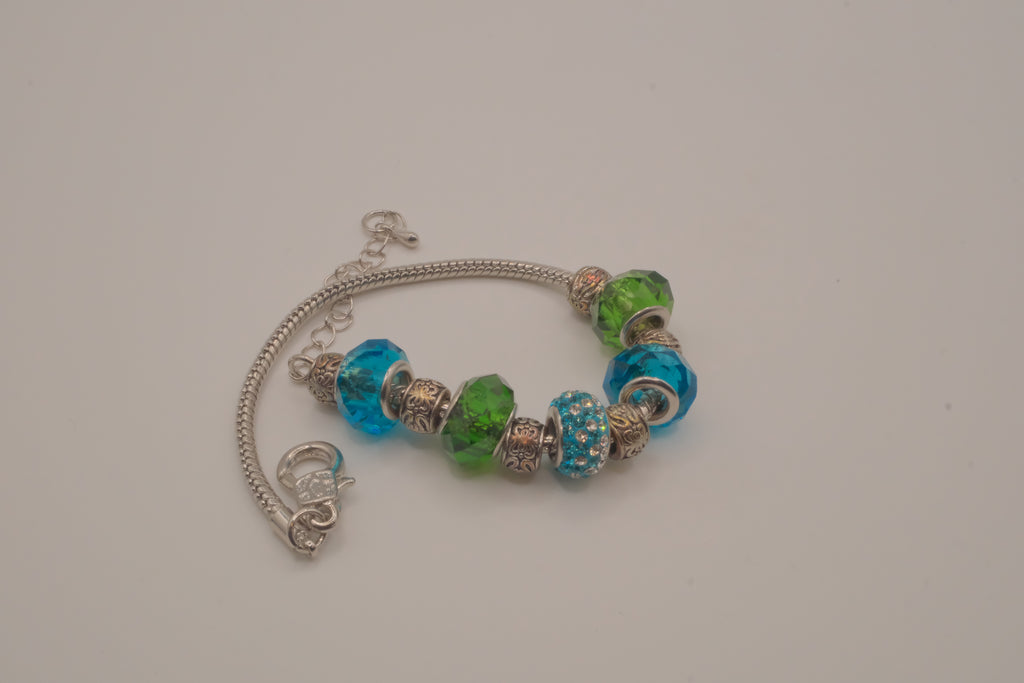 Pandora style Green and Blue charm bracelet