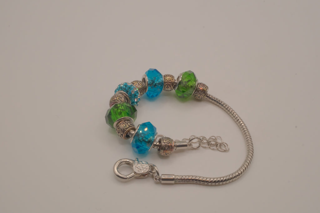 Pandora style Green and Blue charm bracelet