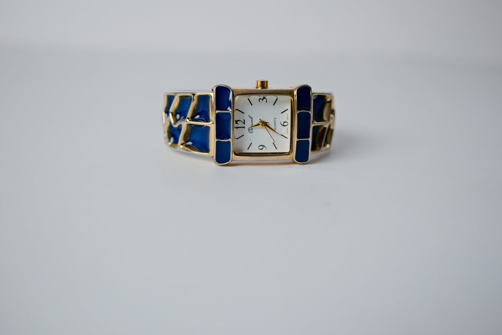 Vintage Joan Rivers Blue and Gold Bangle Watch