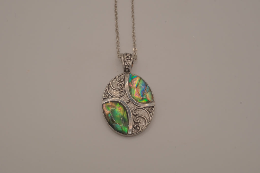 Oval abalone shell and filigree scroll pendant necklace