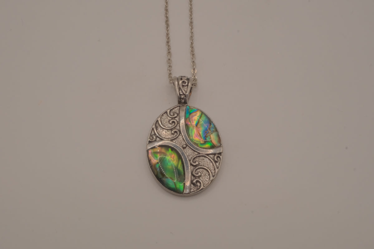 Oval abalone shell and filigree scroll pendant necklace