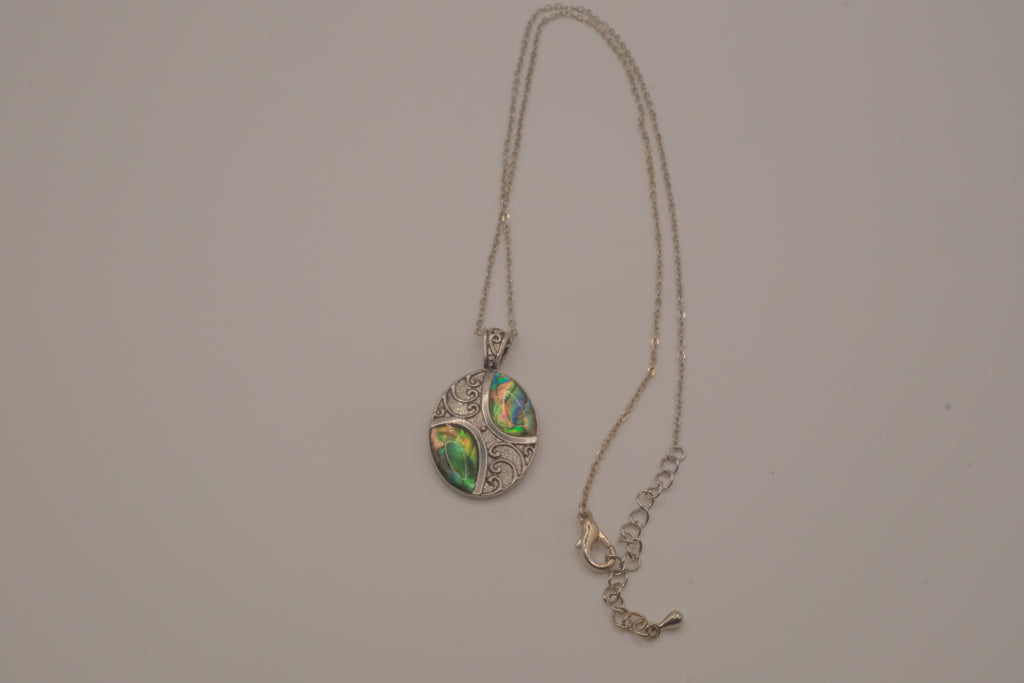 Oval abalone shell and filigree scroll pendant necklace
