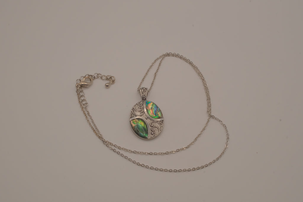 Oval abalone shell and filigree scroll pendant necklace