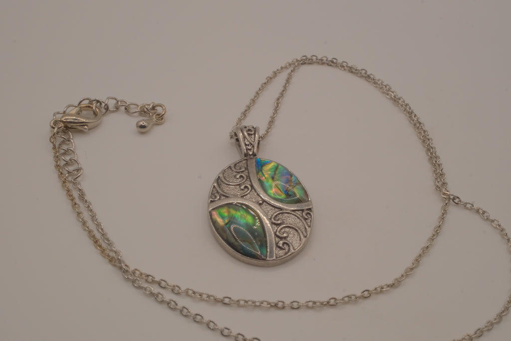 Oval abalone shell and filigree scroll pendant necklace