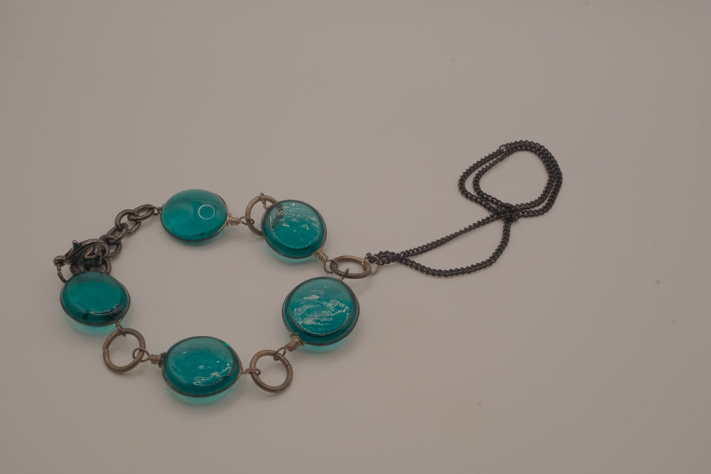 Reworked teal cabochon link hand chain bracelet