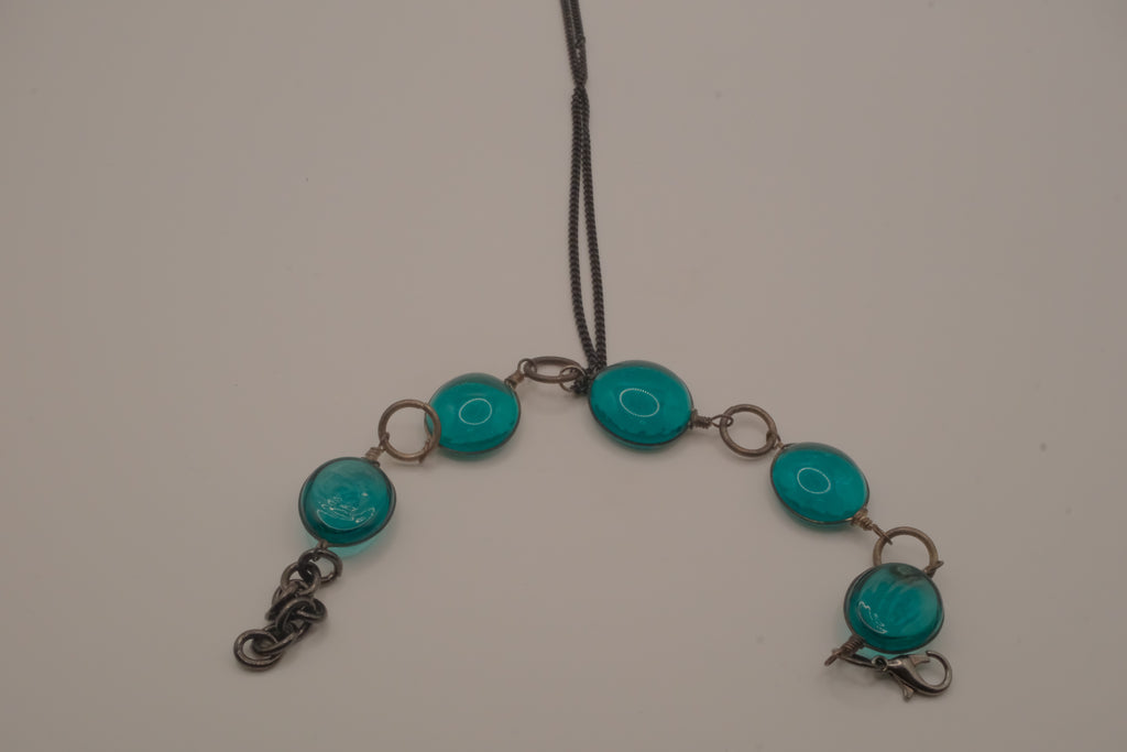 Reworked teal cabochon link hand chain bracelet
