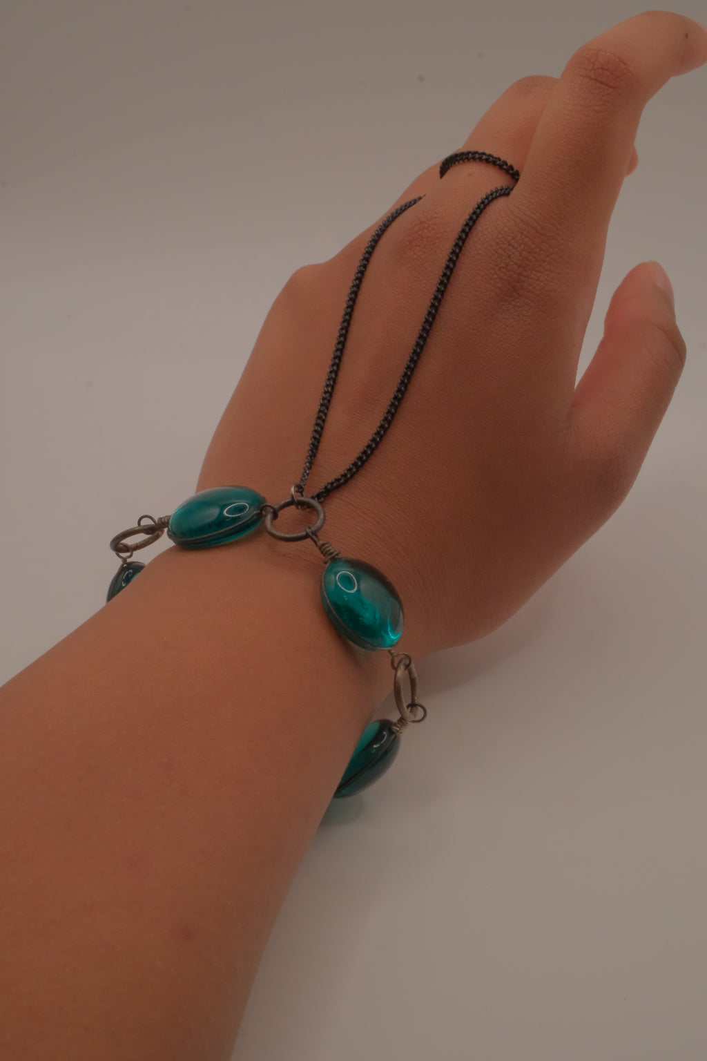 Reworked teal cabochon link hand chain bracelet