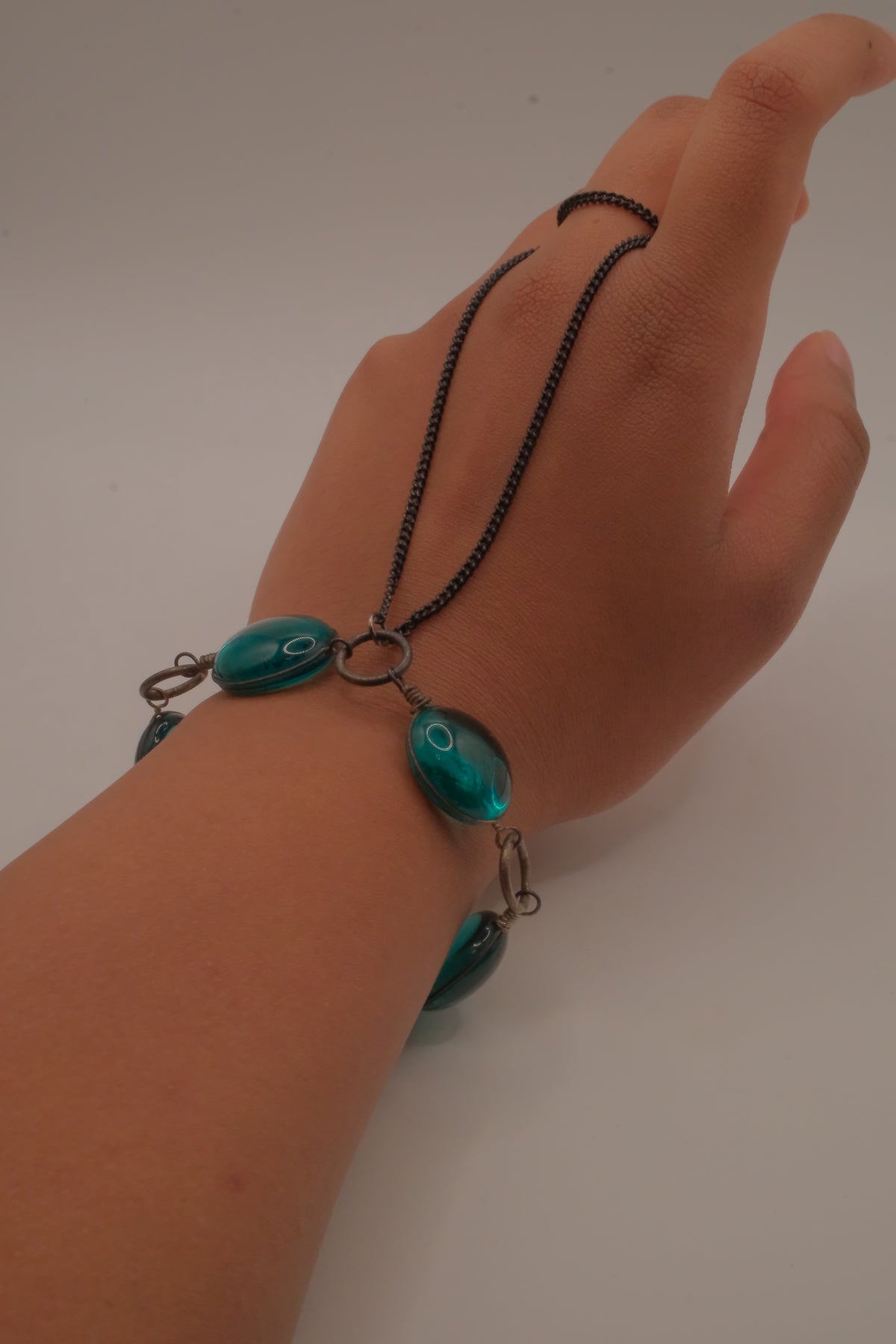 Reworked teal cabochon link hand chain bracelet