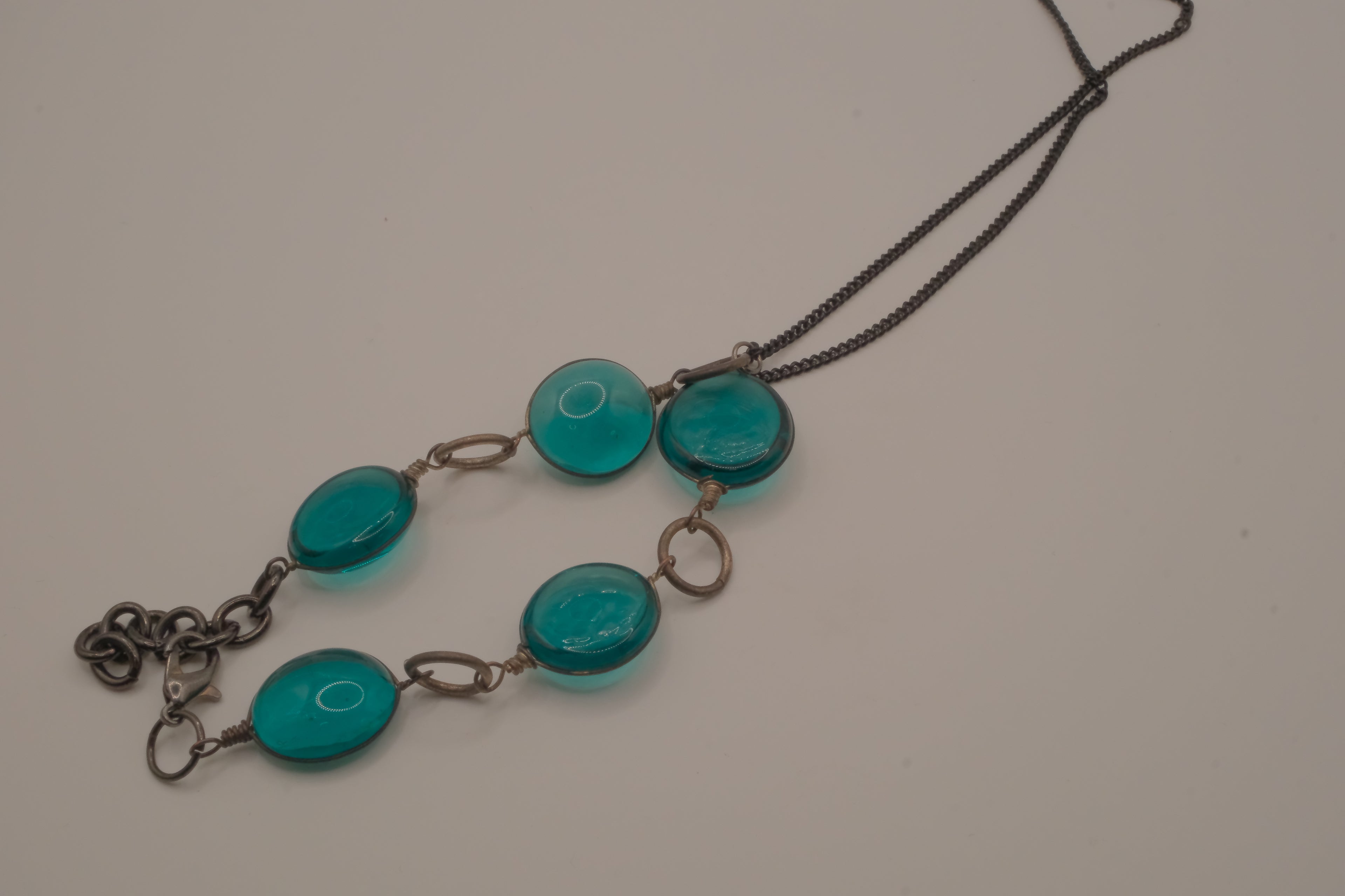 Reworked teal cabochon link hand chain bracelet